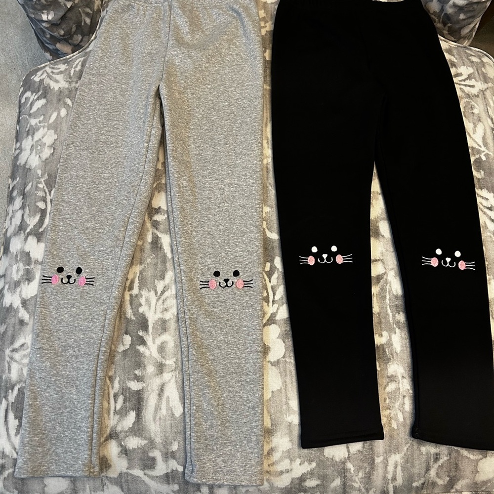 Two pack fleece leggings - girls size 10-12 - gray and black / cat detail